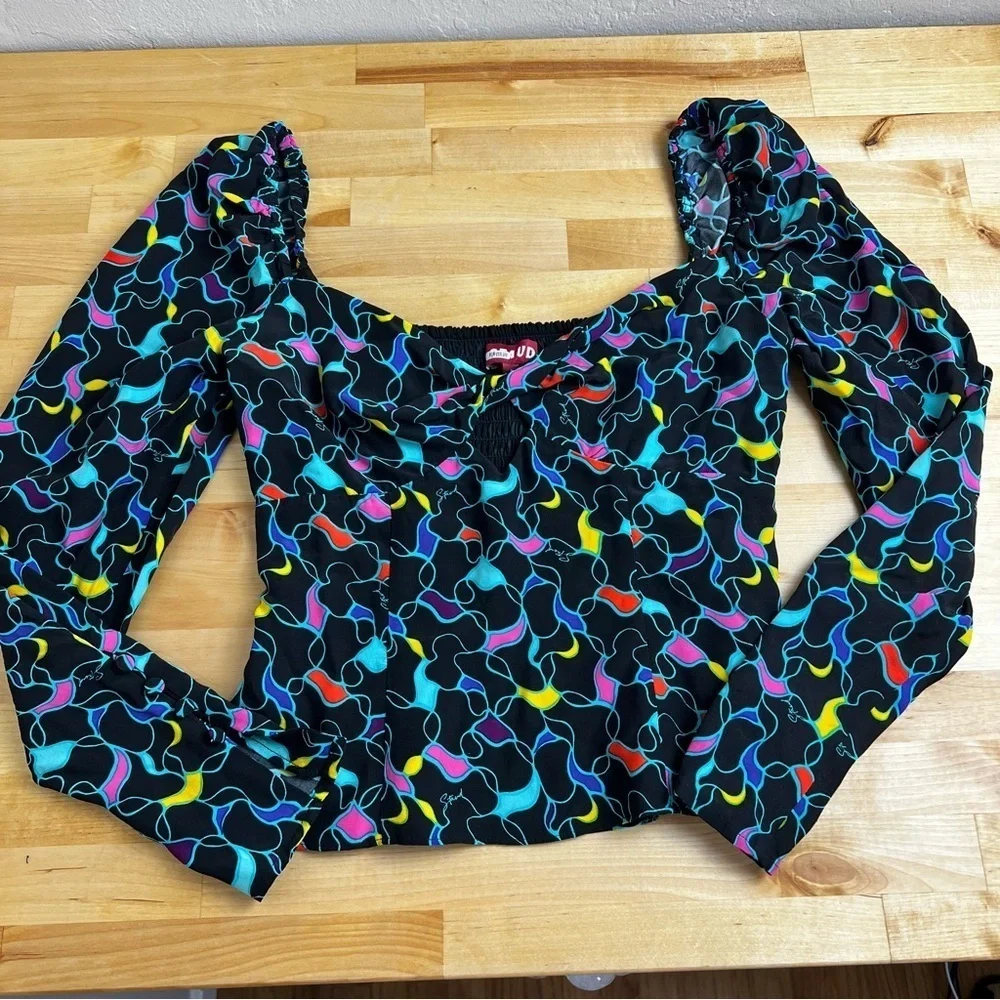 Staud Josephine Black Printed Multicolor Crepe Long Sleeve Sweetheart Top Size 2